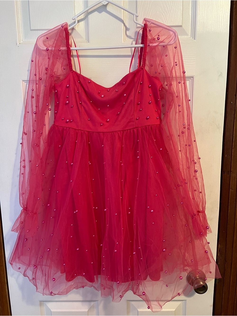 Womens Hot Pink Tulle Party Dress with Pearl Accents